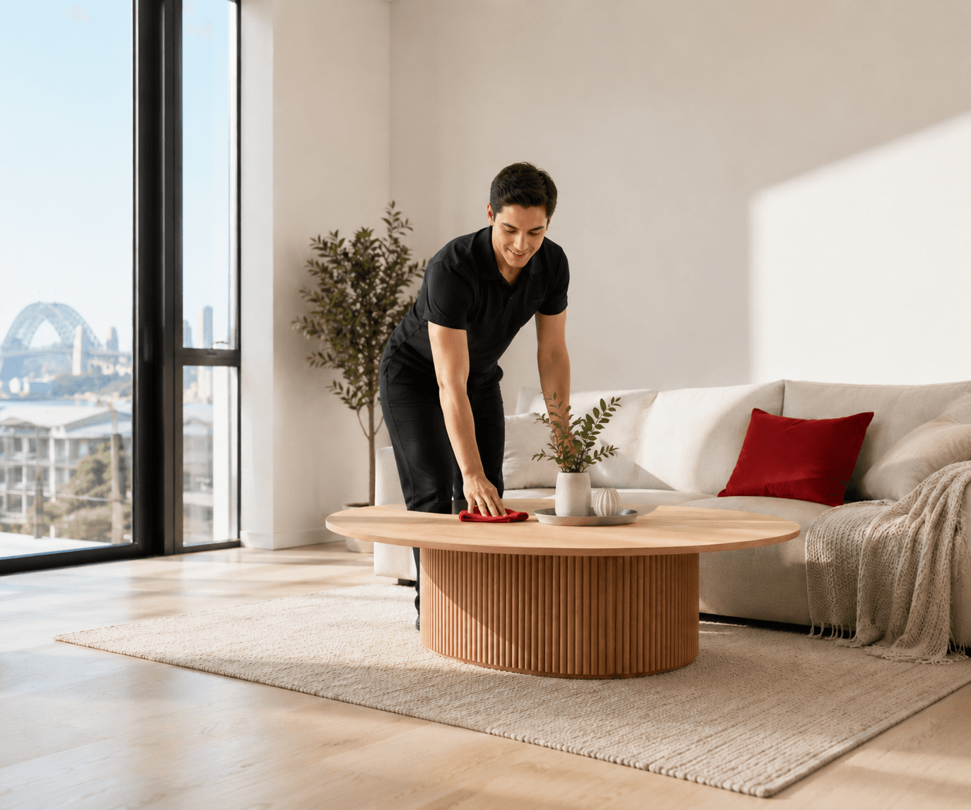 Professional cleaner in a bright freshly cleaned living room
